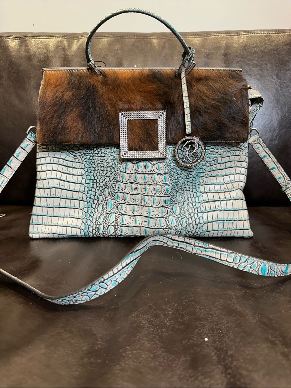 Turquoise Croc Embossed Leather Satchel Hair-on Hide Flap Purse Bag | structured
